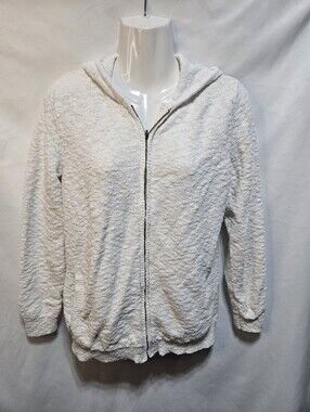 L.L. Bean White Textured Zip Hoodie Sweater Large Cozy Cotton Cottagecore